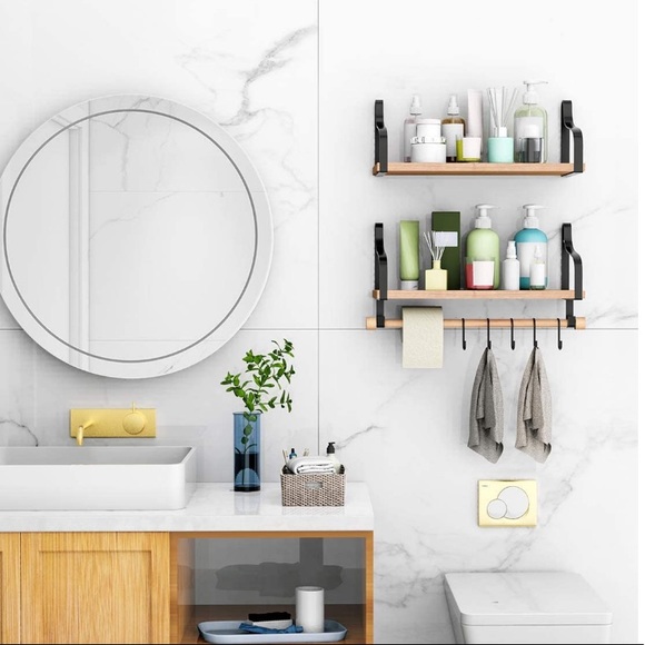 Set of 2 Rustic Wood Wall Storage Shelves + Hooks - Picture 7 of 7